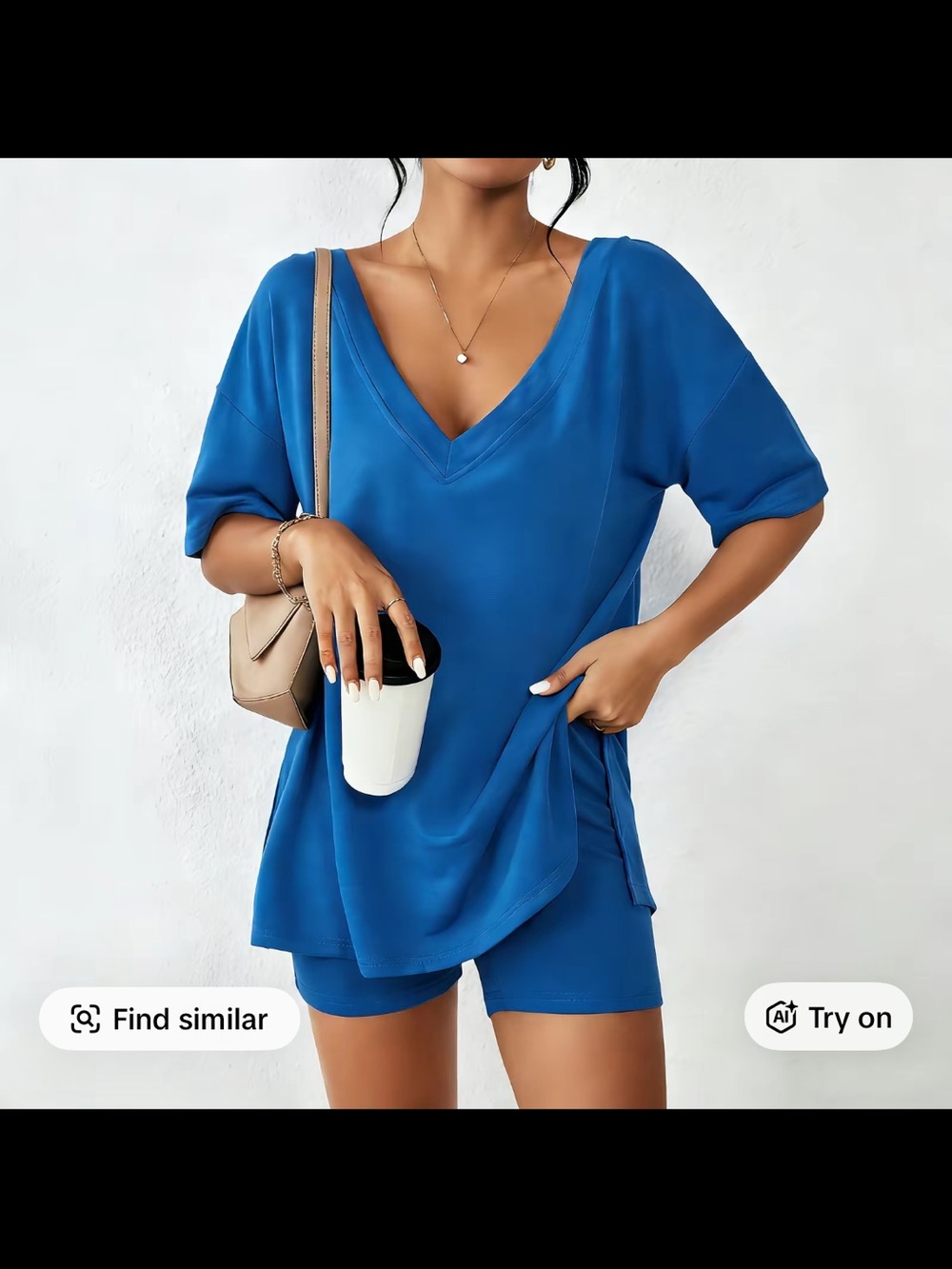 Blue V-Neck Swim Cover-Up Top and Shorts Set